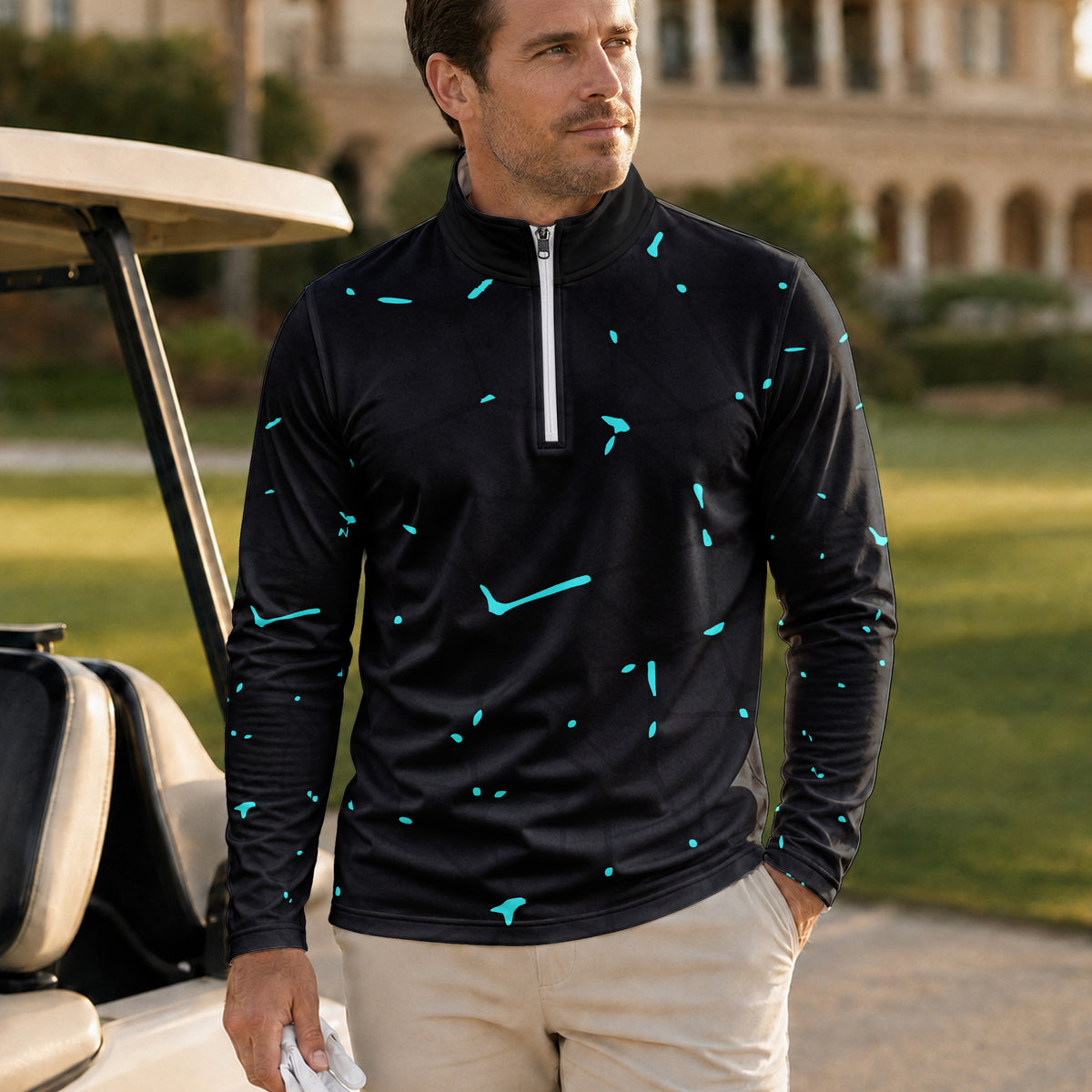 Black Dark Net Cyan Men Quarter-zip Pullover