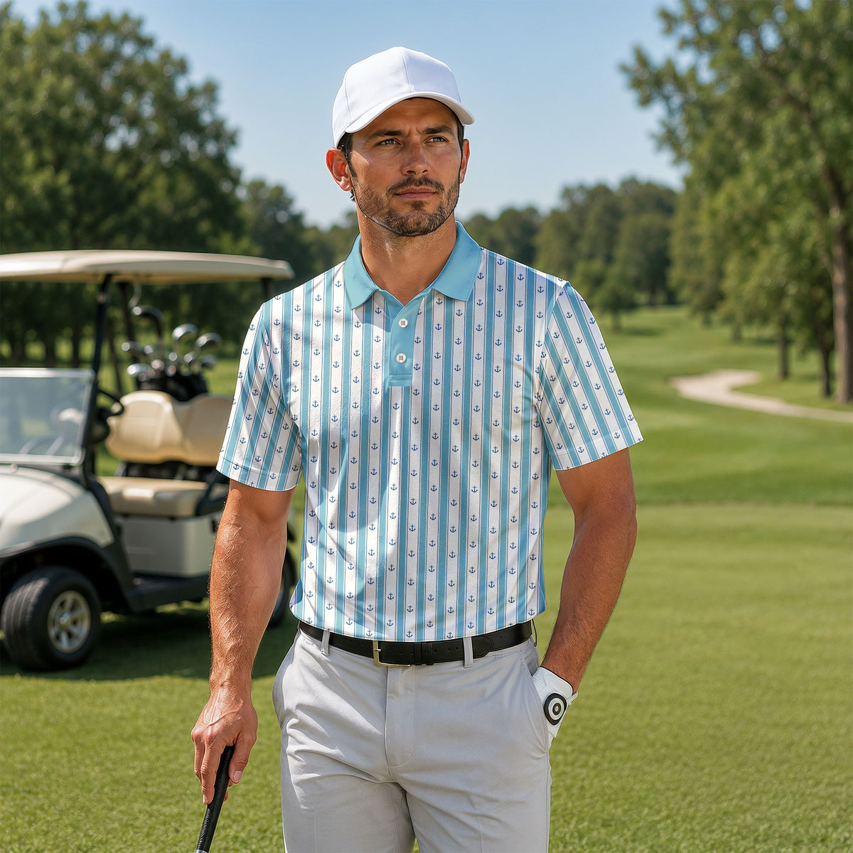 Cyan Anchor Striped Men Polo Shirt