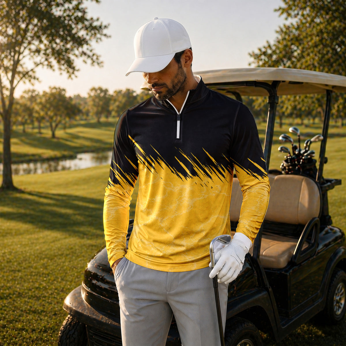 Black Yellow 2027 Sporty Men Quarter-zip Pullover