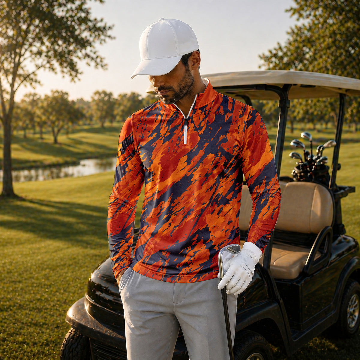 Orange Flow Paint Men Quarter-zip Pullover