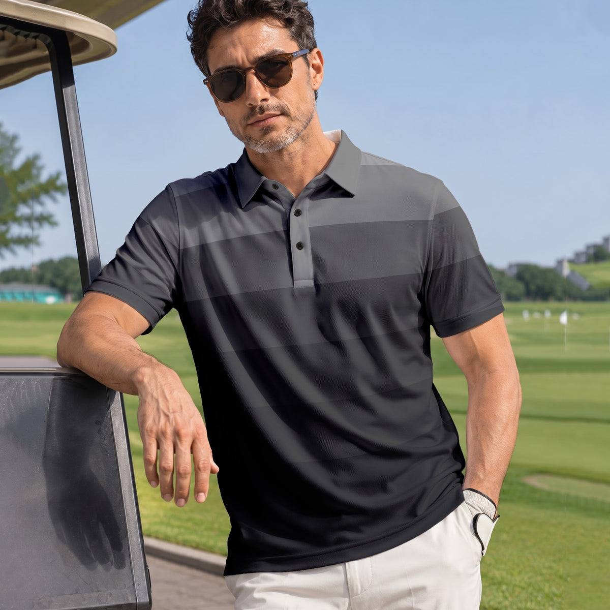 Black Horizontal Lines Gradient Men Polo Shirt