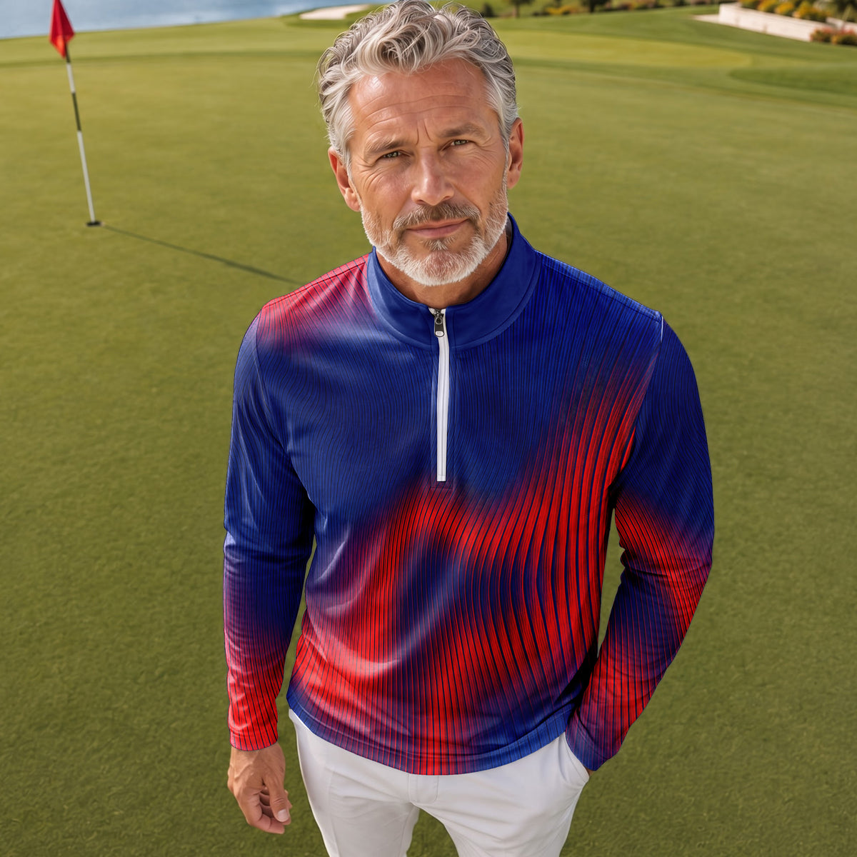 Blue Red Wave Sporty Men Quarter-zip Pullover