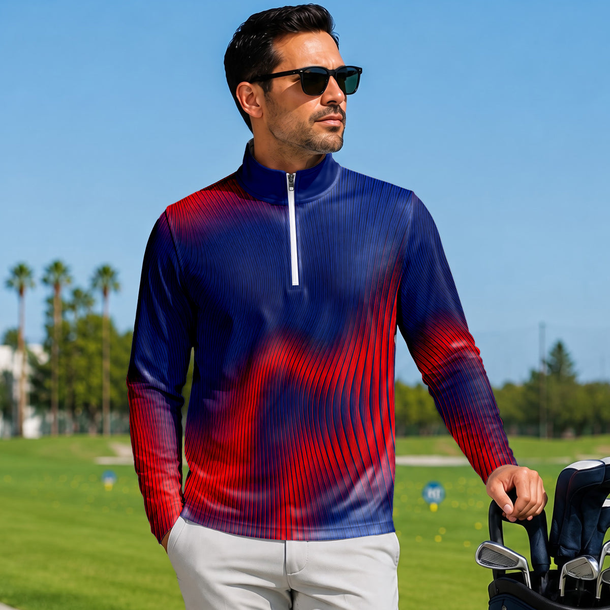 Blue Red Wave Sporty Men Quarter-zip Pullover