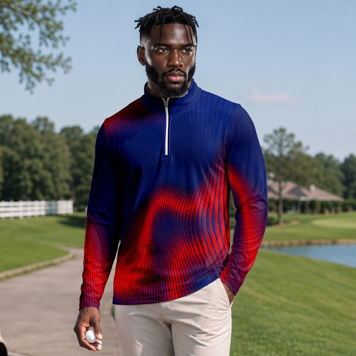 Blue Red Wave Sporty Men Quarter-zip Pullover