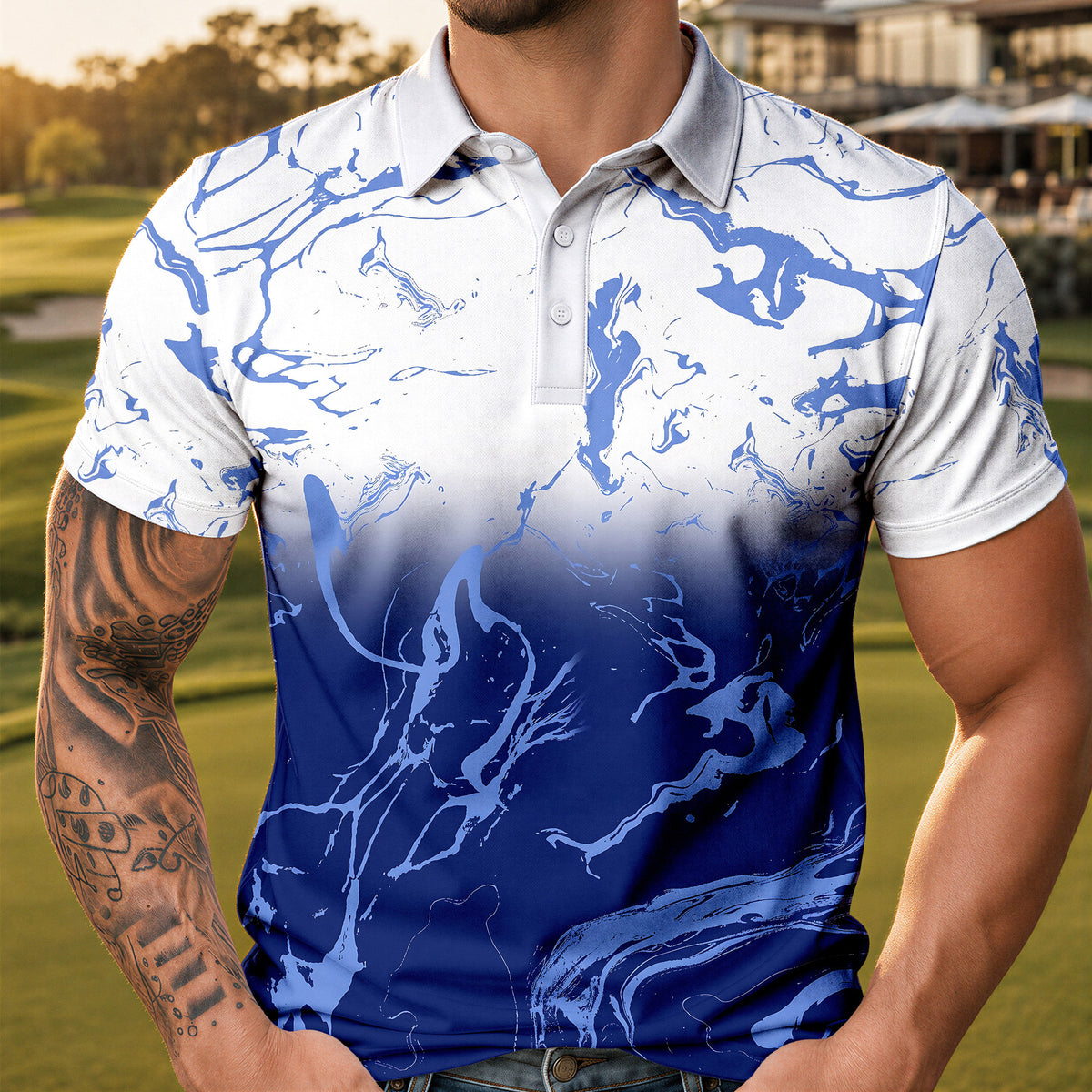 Ombre Blue White Men Polo Shirt
