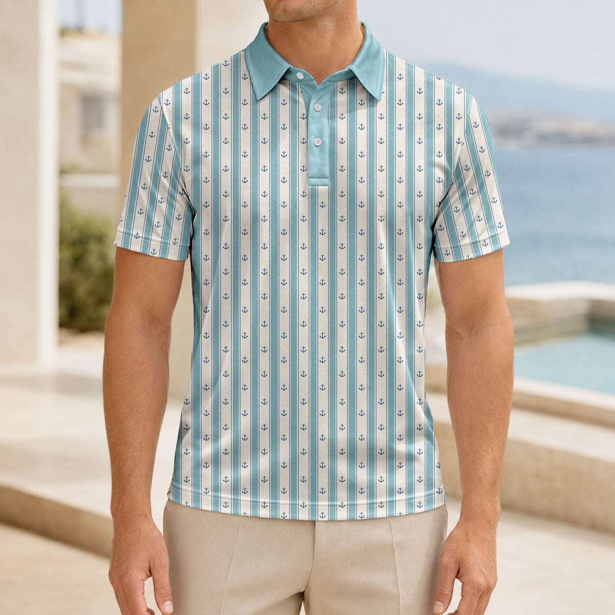 Cyan Anchor Striped Men Polo Shirt