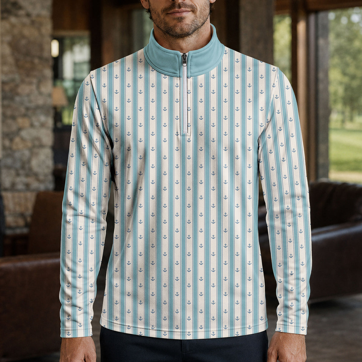 Cyan Anchor Striped Men Quarter-zip Pullover