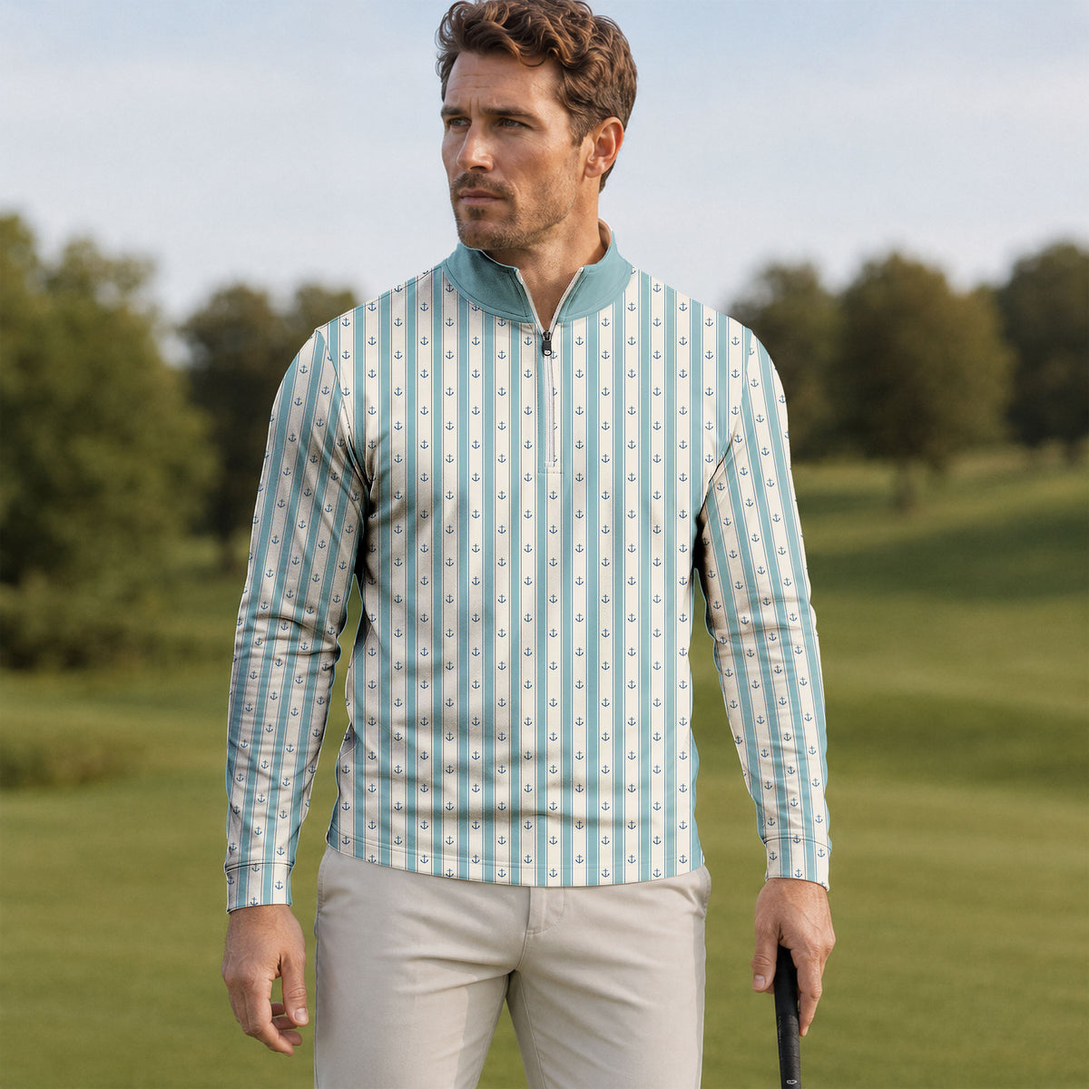 Cyan Anchor Striped Men Quarter-zip Pullover