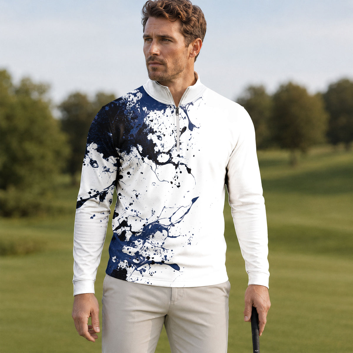 2027  Blue Spilled Paint Color Men Quarter-zip Pullover