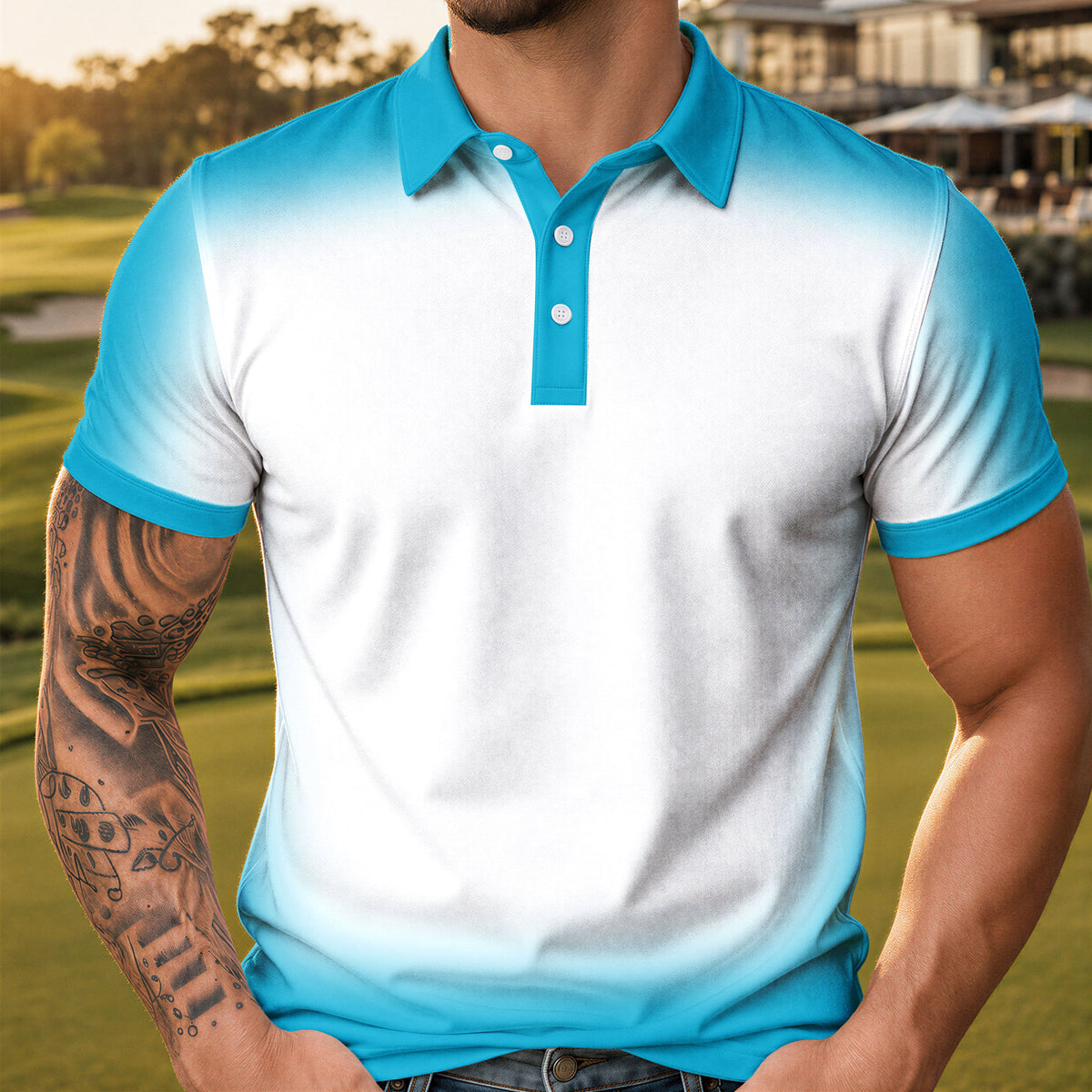 Gradient Cyan And White Men Polo Shirt