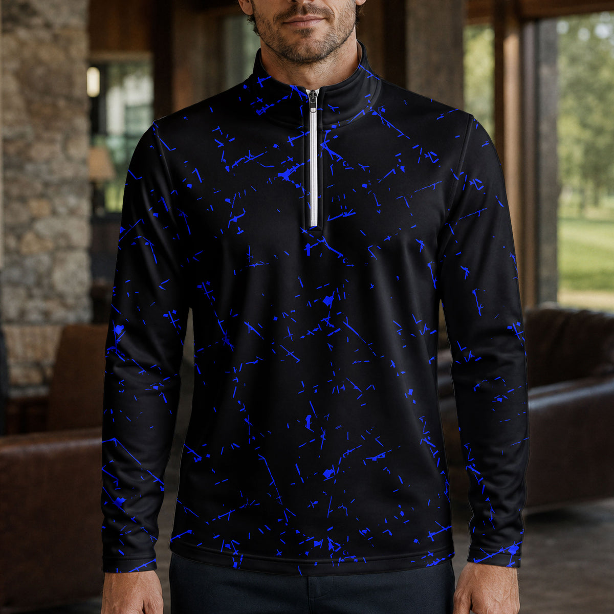 Blue Black Scratch Men Quarter-zip Pullover