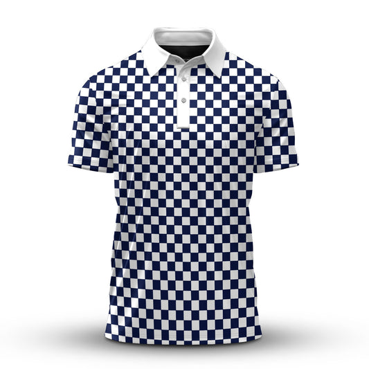 White And Blue Chessboard Men Polo Shirt