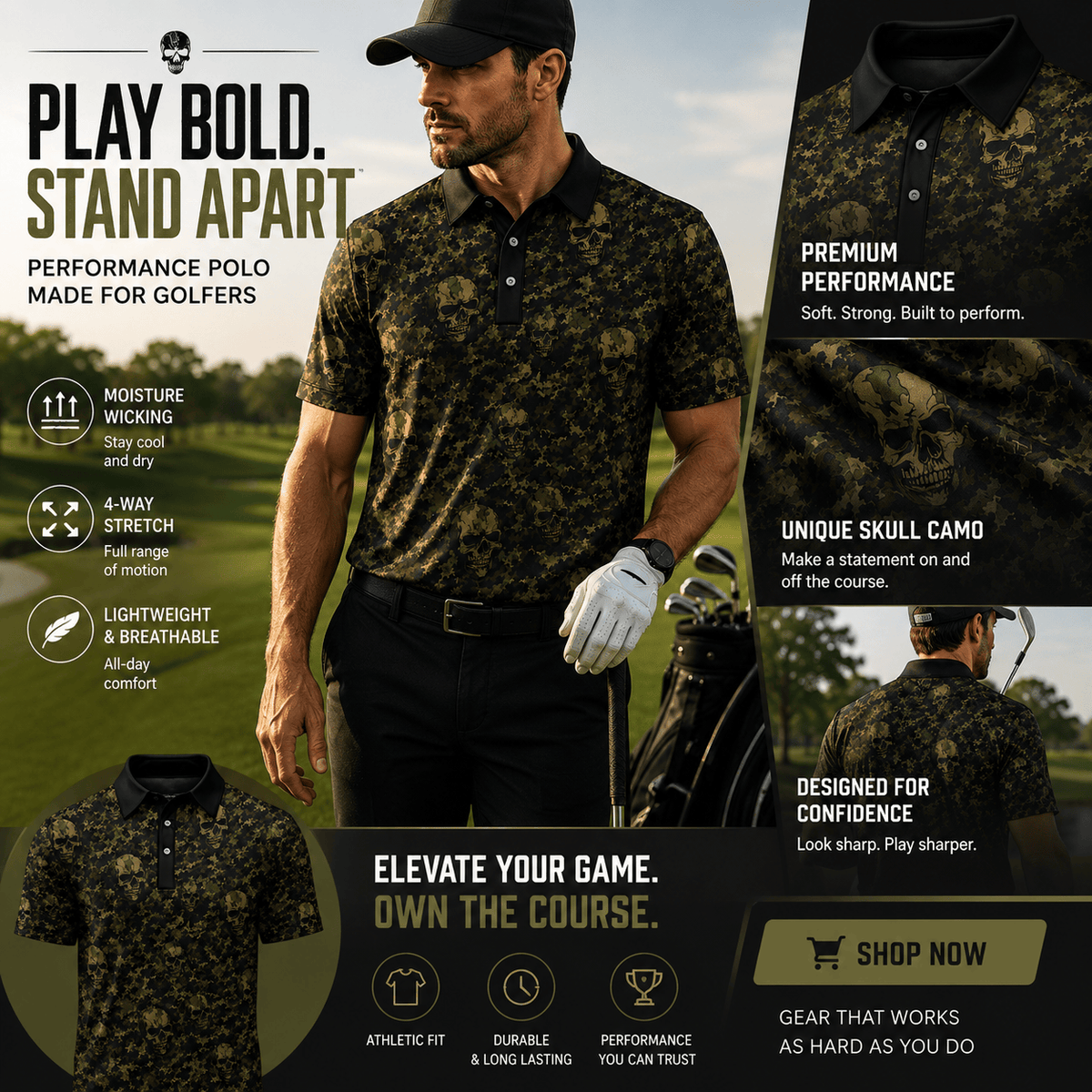 Camo Skull Seamles Pattern Men Golf Polo Shirt