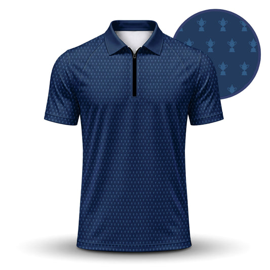 2027  Trophy Pattern Blue Men Zip Polo Shirt