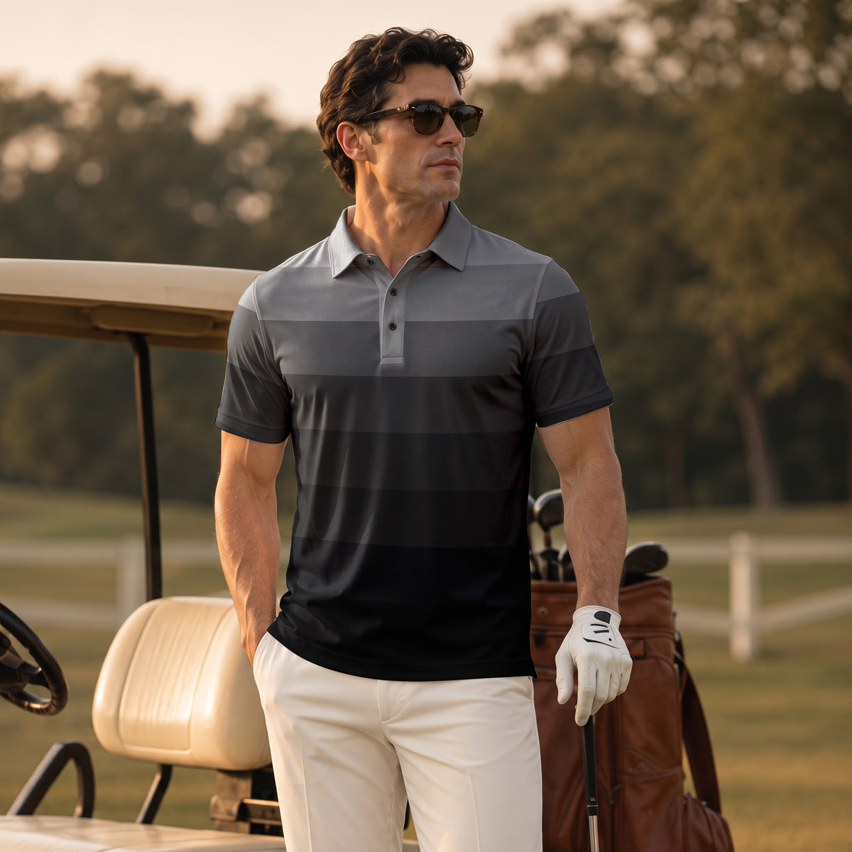 Black Horizontal Lines Gradient Men Polo Shirt
