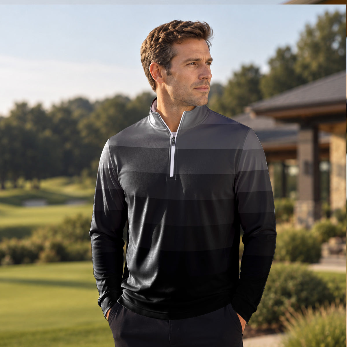 Black Horizontal Lines Gradient Men Quarter-zip Pullover