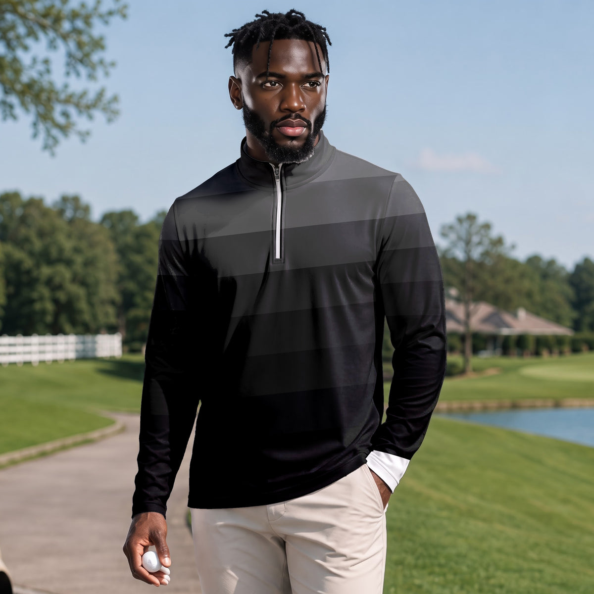 Black Horizontal Lines Gradient Men Quarter-zip Pullover