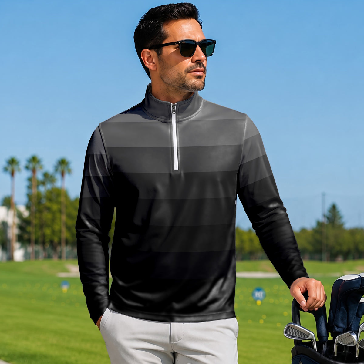 Black Horizontal Lines Gradient Men Quarter-zip Pullover